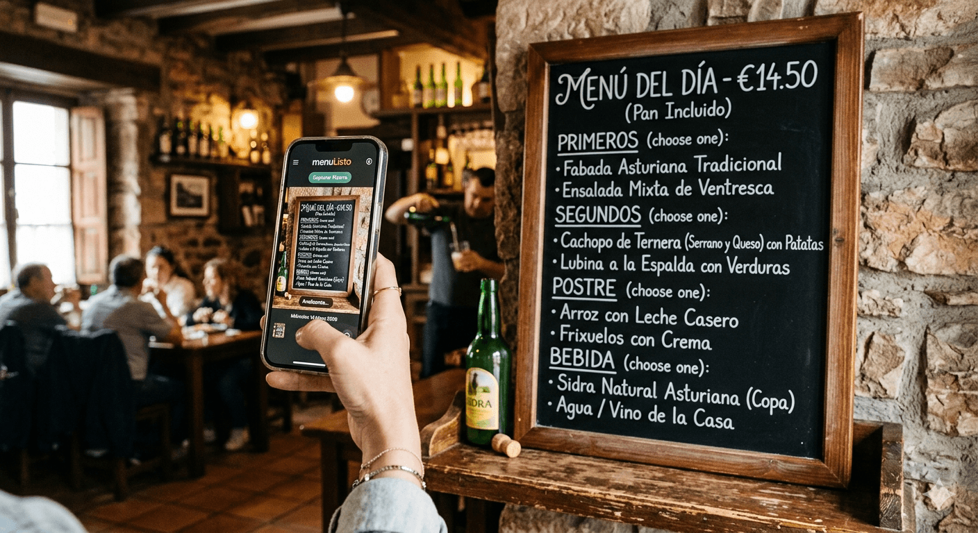 Mano con móvil fotografiando pizarra de menú del día